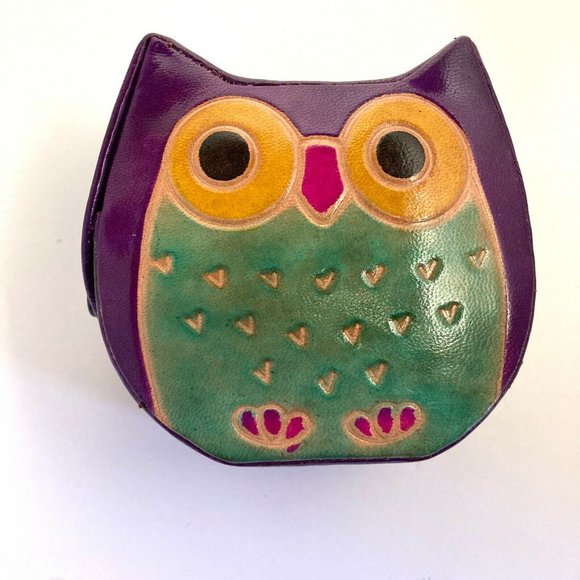 🦉 Painted Leather Owl Snap Coin Purse Purple - Picture 8 of 8